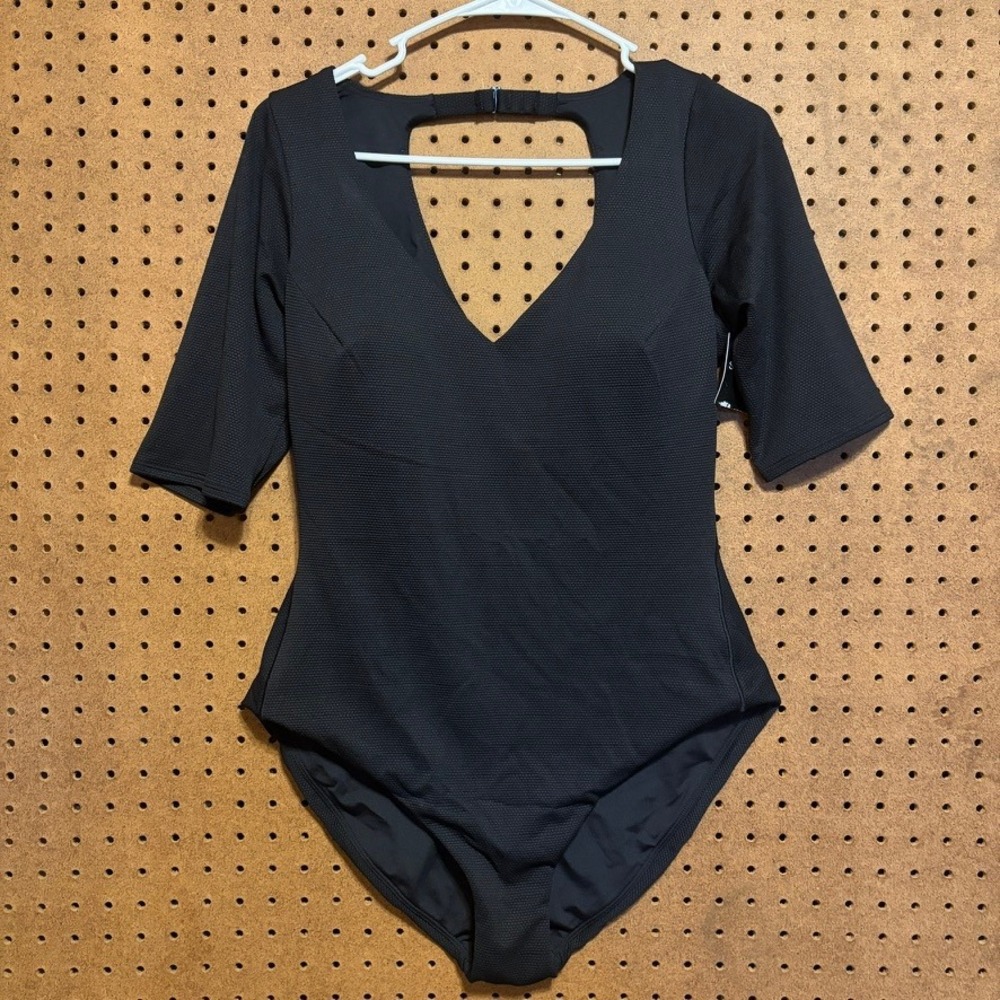 Spanx Pique Shaping One Piece Swimsuit XL Black V-Neck Short Sleeve 50386R NWT